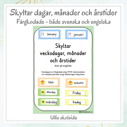 Skyltar veckodagar, månader och årstider - svenska och engelska