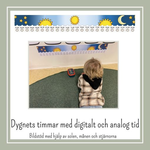 Dygnets timmar med digital och analog tid, bildstöd med solen, månen och stjärnorna