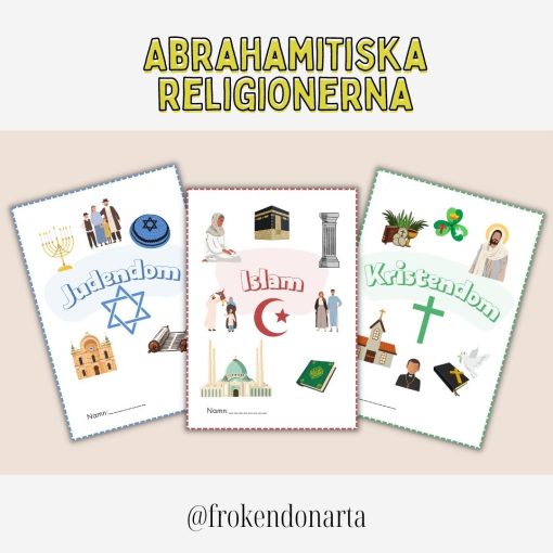 Abrahamitiska religionerna helt arbetsområde (3 texthäften med frågor/uppgifter + begreppskort + instuderingsfrågor + 2 prov)