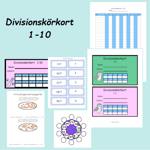 Divisionskörkort 1-10, paket med 3 övningshäften och flashcards