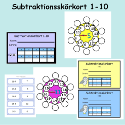 Subtraktionsskörkort 1-10, paket med 2 övningshäften och flashcards