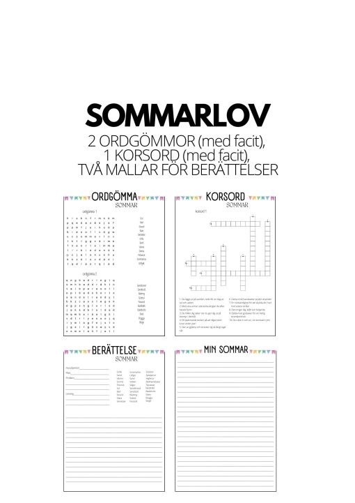 Sommarlov - 2 ordgömmor (+facit), 1 korsord (+facit), 2 mallar för berättelse
