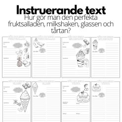 Instruerande text - 4 st olika mallar - A4 - fruktsallad, milkshake, glass och tårta