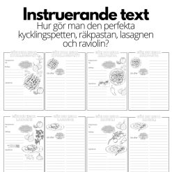 Instruerande text - 4 st olika mallar - kycklingspett, räkpasta, lasagne och ravioli