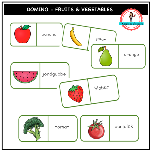 Läsdomino engelska + svenska - frukt & grönsaker