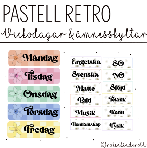 Pastell retro - veckodagar och ämnesskyltar