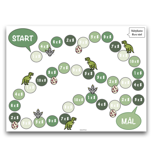 Mattespel: Multiplikation - 8:ans tabell med tema "Dinosaurier"