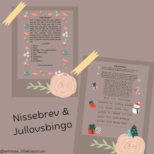 Nissebrev (4 stycken) och ett jullovsbingo