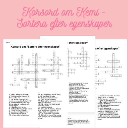 Korsord och ordsök om Kemi - Sortera efter egenskaper