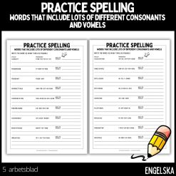 Practice spelling - words that include lots of different consonants and vowels - 5 arbetsblad