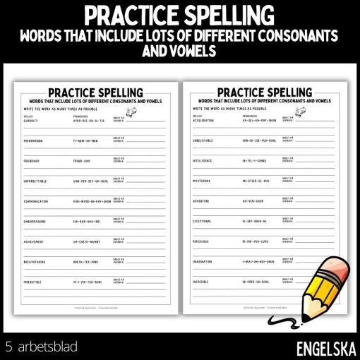 Practice spelling - words that include lots of different consonants and vowels - 5 arbetsblad