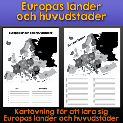 Numrerad karta - Europas länder och huvudstäder