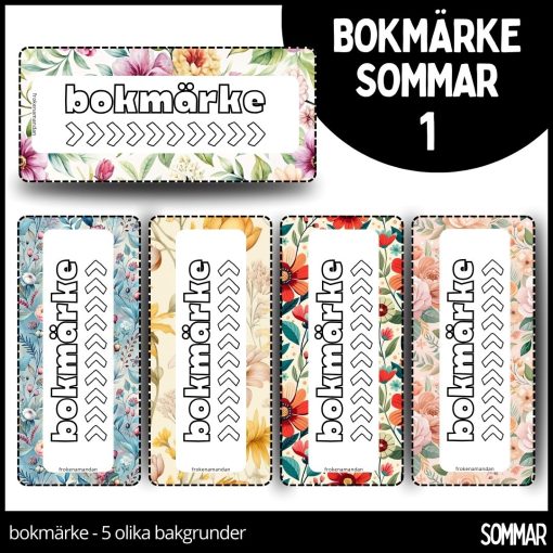 Bokmärke - sommar 1 - 5 olika mönster