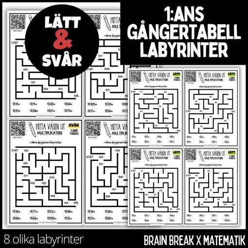 1:ans gångertabell - labyrinter - brain breaks - matematik