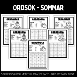 Ordgömmor – 5 st med facit samt en bild att måla
