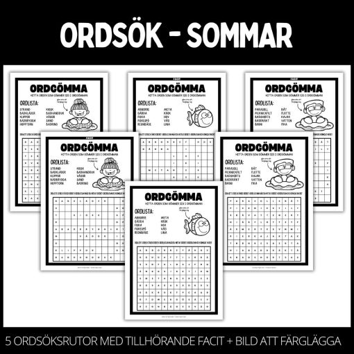 Ordgömmor – 5 st med facit samt en bild att måla