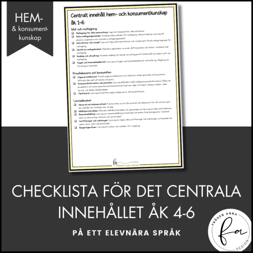 CHECKLISTA över det Centrala innehållet åk 1-6 på ett elevnära språk: hem- och konsumentkunskap
