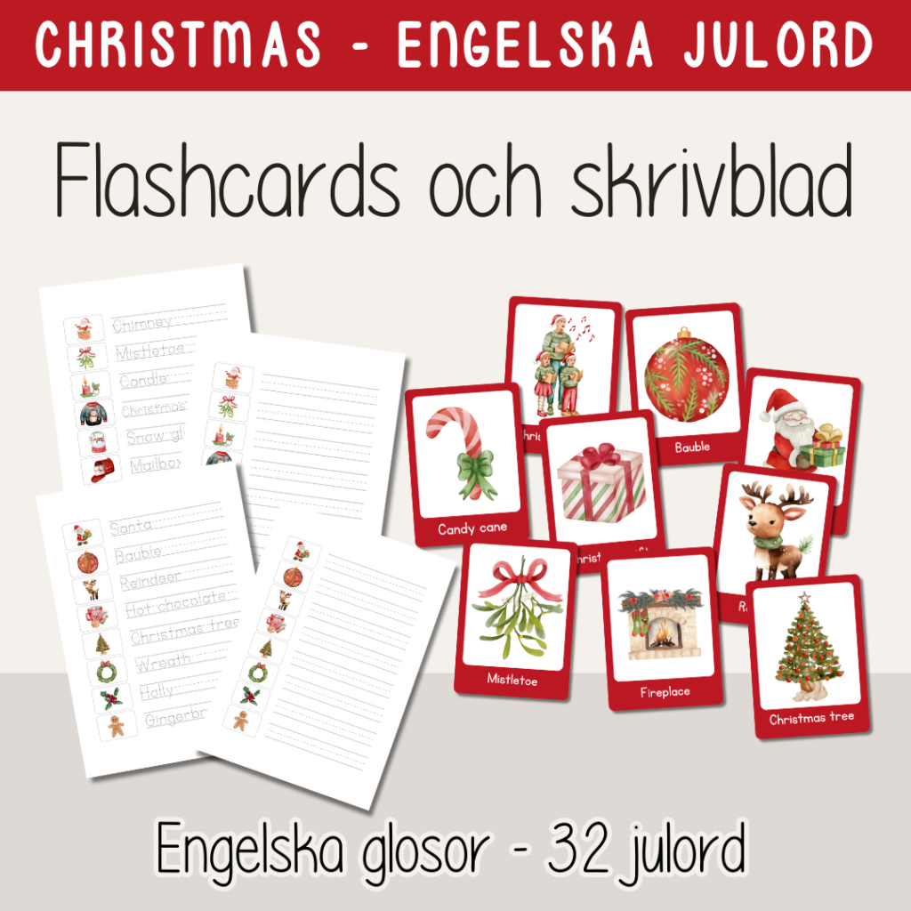 Jul Christmas glosor julord på engelska Flashcards och skrivblad