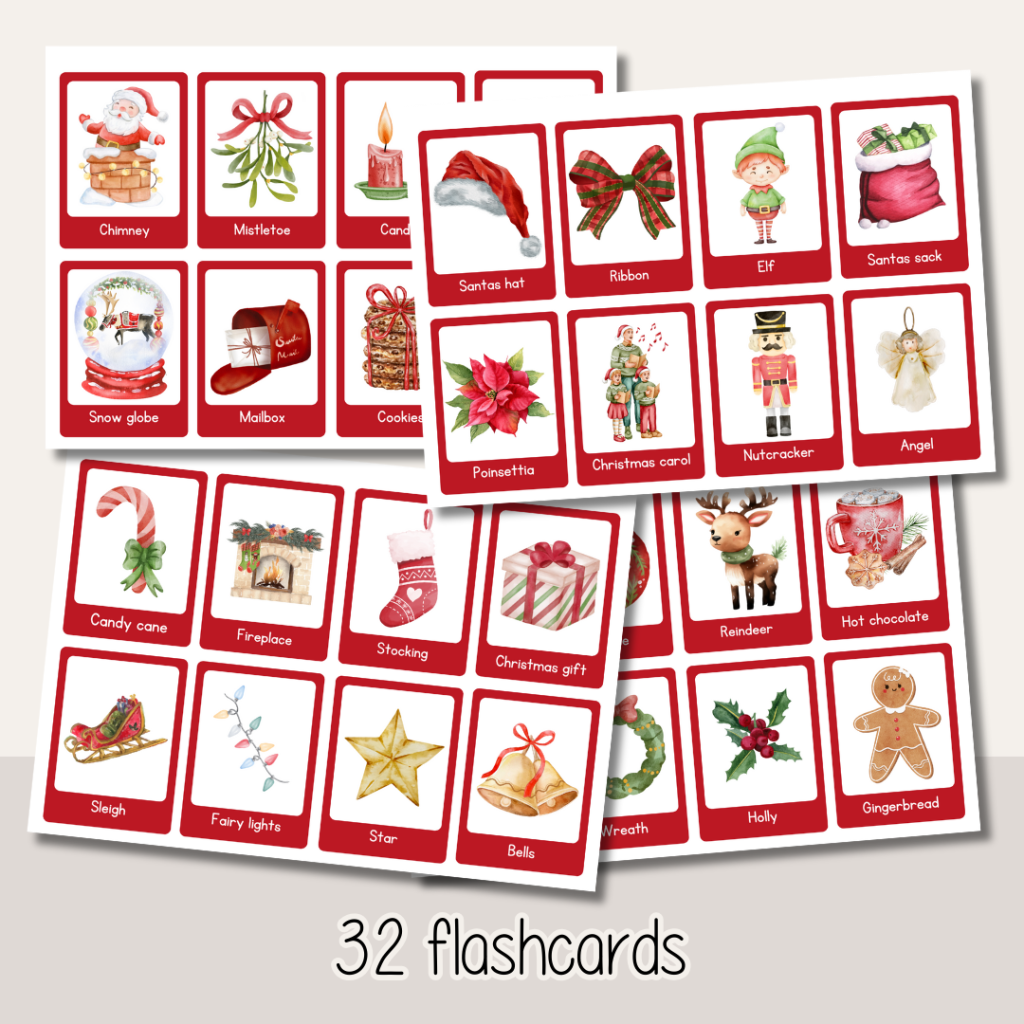 Jul Christmas glosor julord på engelska Flashcards och skrivblad