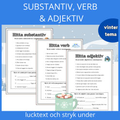 Träna på substantiv, verb och adjektiv, 3 sidor, vintertema