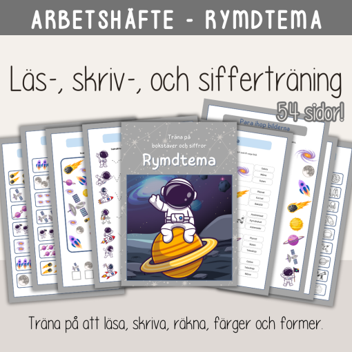Arbetshäfte bokstäver och siffror - tema Rymden