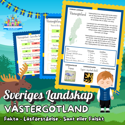 Sveriges Landskap - VÄSTERGÖTLAND - Fakta, Läsförståelse och Sant eller Falskt-frågor!