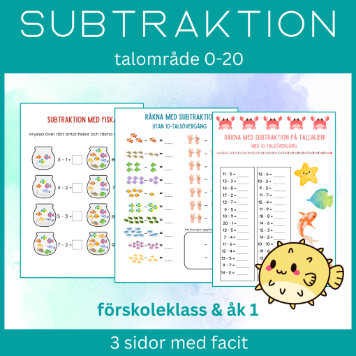 Räkna med subtraktion, talområde 0-20, 3 arbetsblad