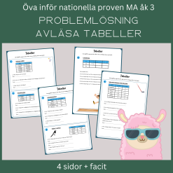 Problemlösning med att avläsa tabeller. Öva inför nationella prov Ma åk 3. 4 sidor med facit.