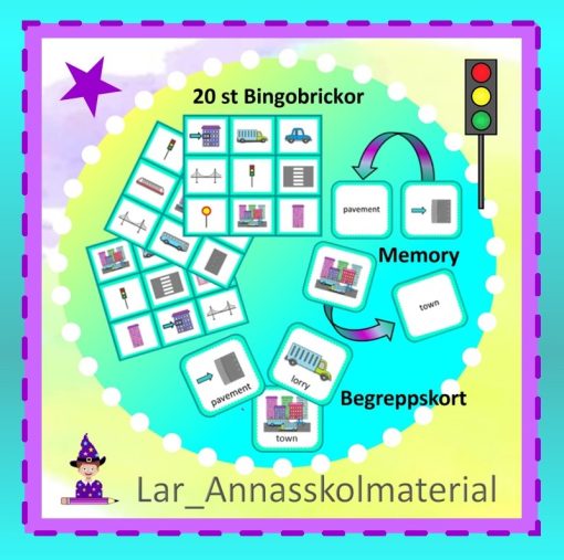 Bingo, memory och begreppskort 3 i 1. Engelska Town