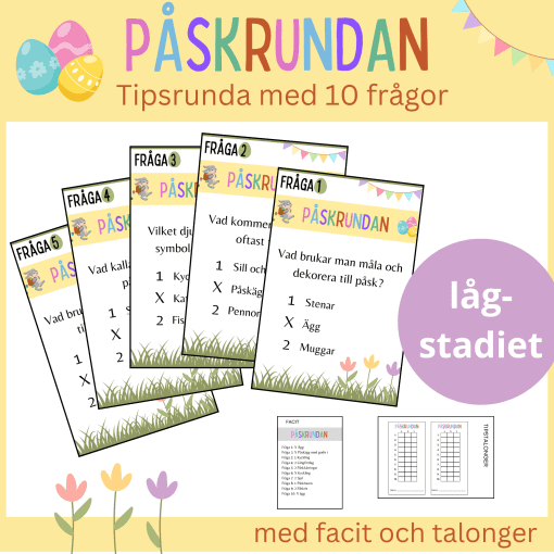 Påskrundan – Tipsrunda om påsken med 10 frågor för lågstadiet + facit + talonger