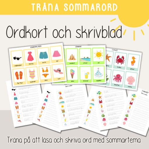Sommar - ordkort och skrivblad med sommartema - Läs, skriv och spåra