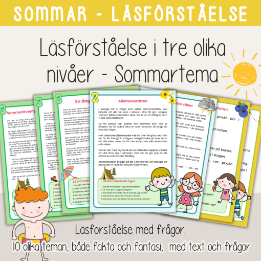 Sommar - Sommarlov - Läsförståelse i tre olika nivåer - 10 olika teman