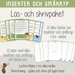 Läs- och skrivpaket - Tema insekter och småkryp - Faktatexter i 3 olika nivåer och skrivblad.