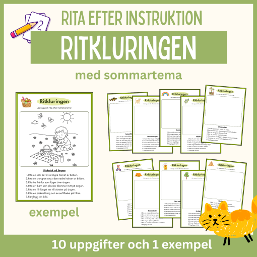 Rita efter instruktion – enkel läsförståelse med sommartema, 10 arbetsblad