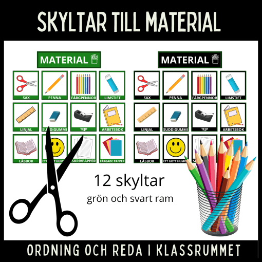Skyltar till material, 12 st, grön och svart ram