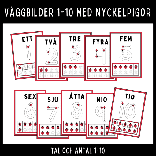 Väggbilder med nyckelpigor med tal och antal 1–10