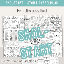 Skolstart - Stora aktivitetsblad med skolstartstema - Fem olika - A4 och A3.