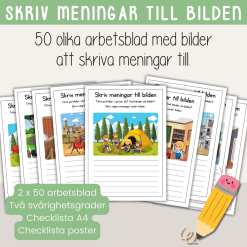 Paket - Skriv meningar till bilden. 50 olika bilder att skriva till.