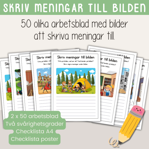 Paket - Skriv meningar till bilden. 50 olika bilder att skriva till.