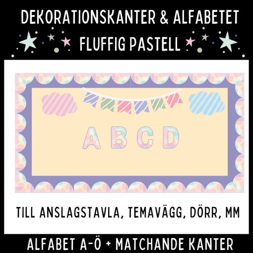 Dekorationskanter och alfabet i fluffig pastell