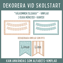 Skolstart Välkommen tillbaka vimplar, färdiga och redigerbara, turkos och beige